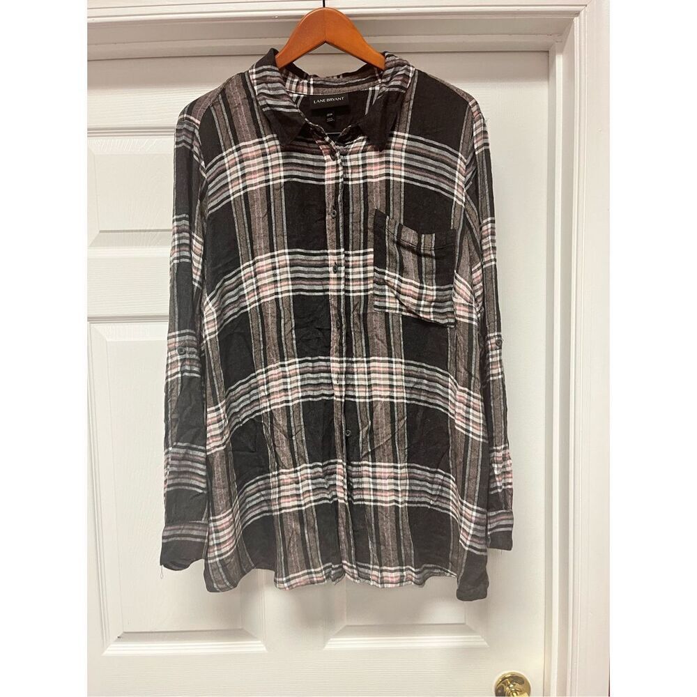 Lane Bryant Soft Rayon Gray & Pink Plaid Button Down Shirt sz 22/24 EUC